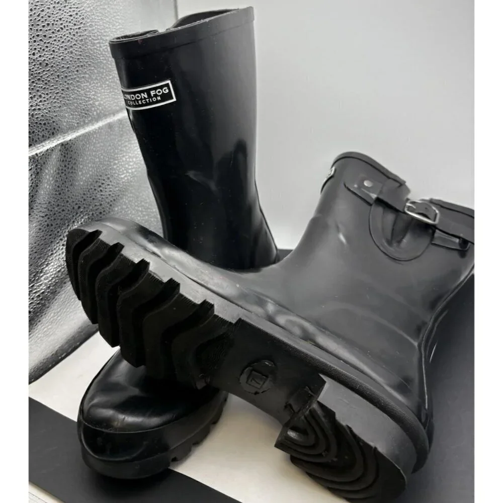 London Fog Women Mid Calf Rain Boots Tally Size US 7M Black Rubber